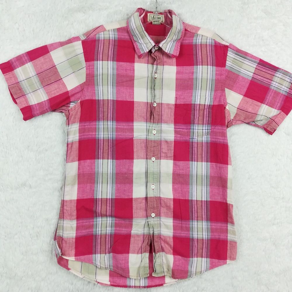 L.L.‎ Bean Mens Shirt Button Up Pink Red Plaid Short Sleeve Casual M